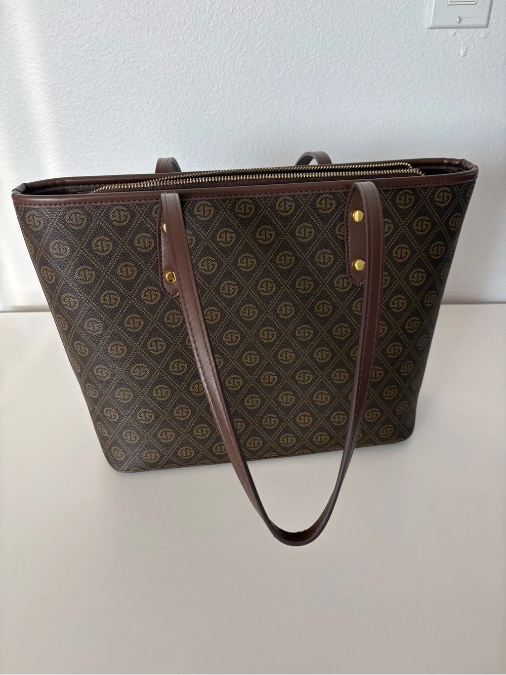 Galandai Brown Monogram Tote Bag with Gold Accents